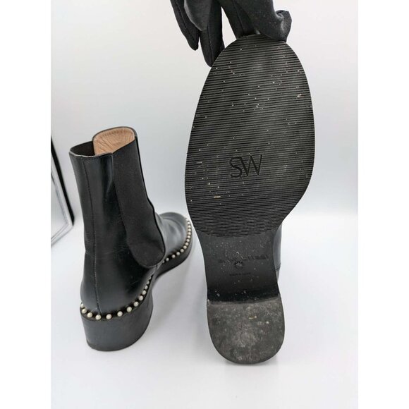 Pre-owned Stuart Weitzman Cline Pearly Studded Leather Chelsea Booties Black EU4 - Picture 6 of 11